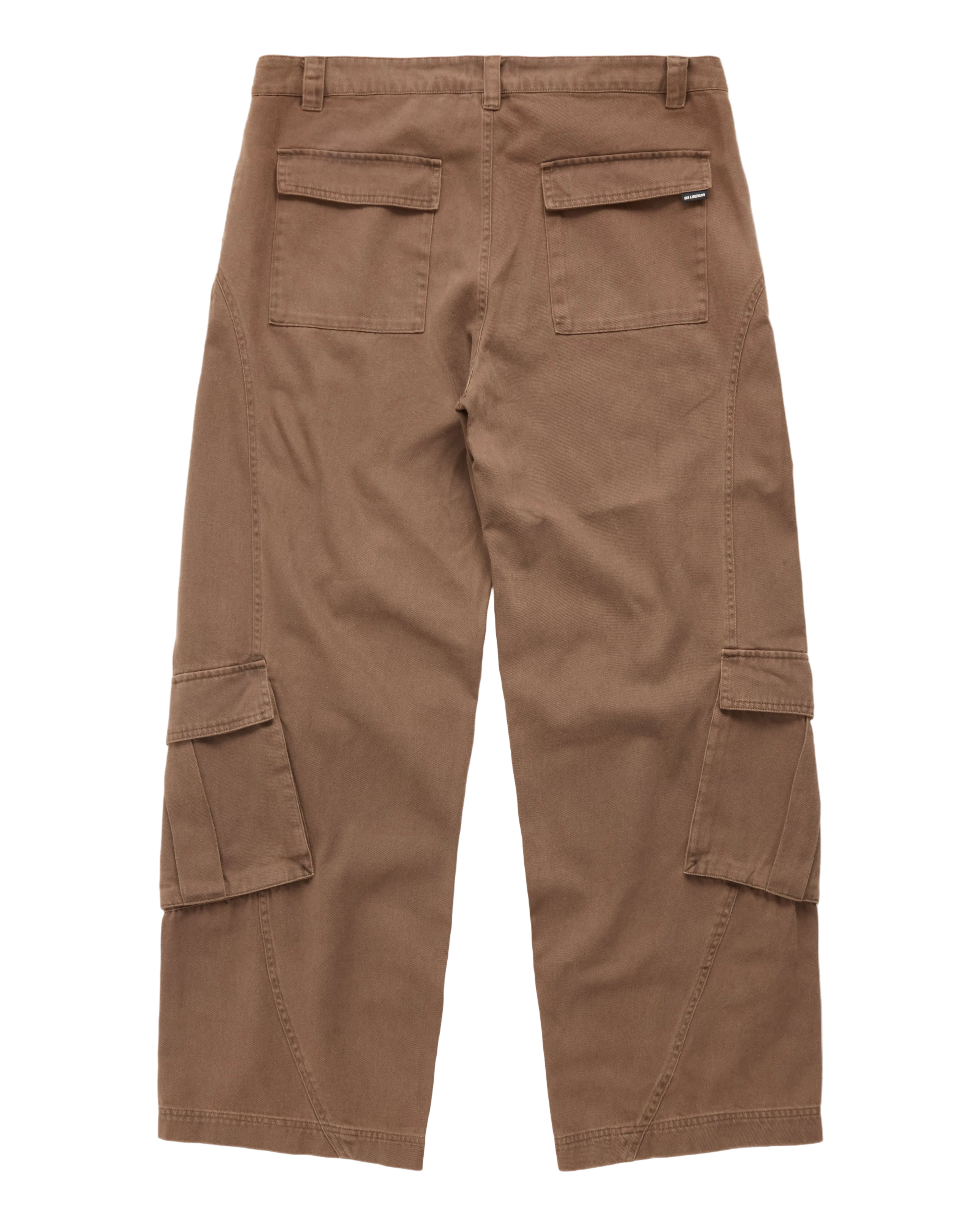 A pair of brown cargo pants shown from the back, featuring two large back flap pockets and side cargo pockets on the legs, laid flat against a white background.