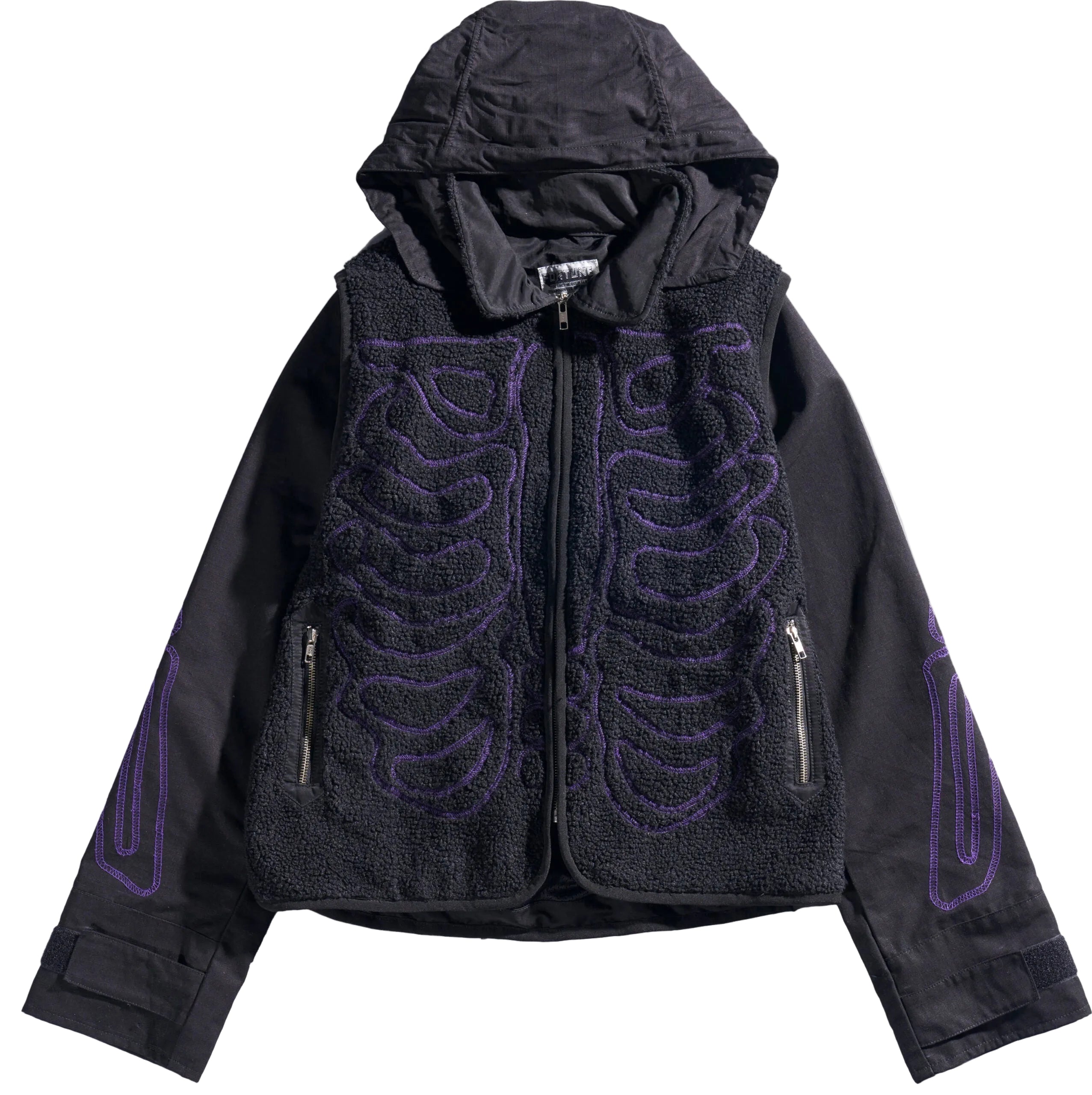 Black jacket with purple designs on a white background