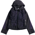 Black jacket with purple designs on a white background