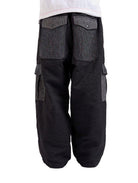 Black cargo pants with multiple pockets on a white background