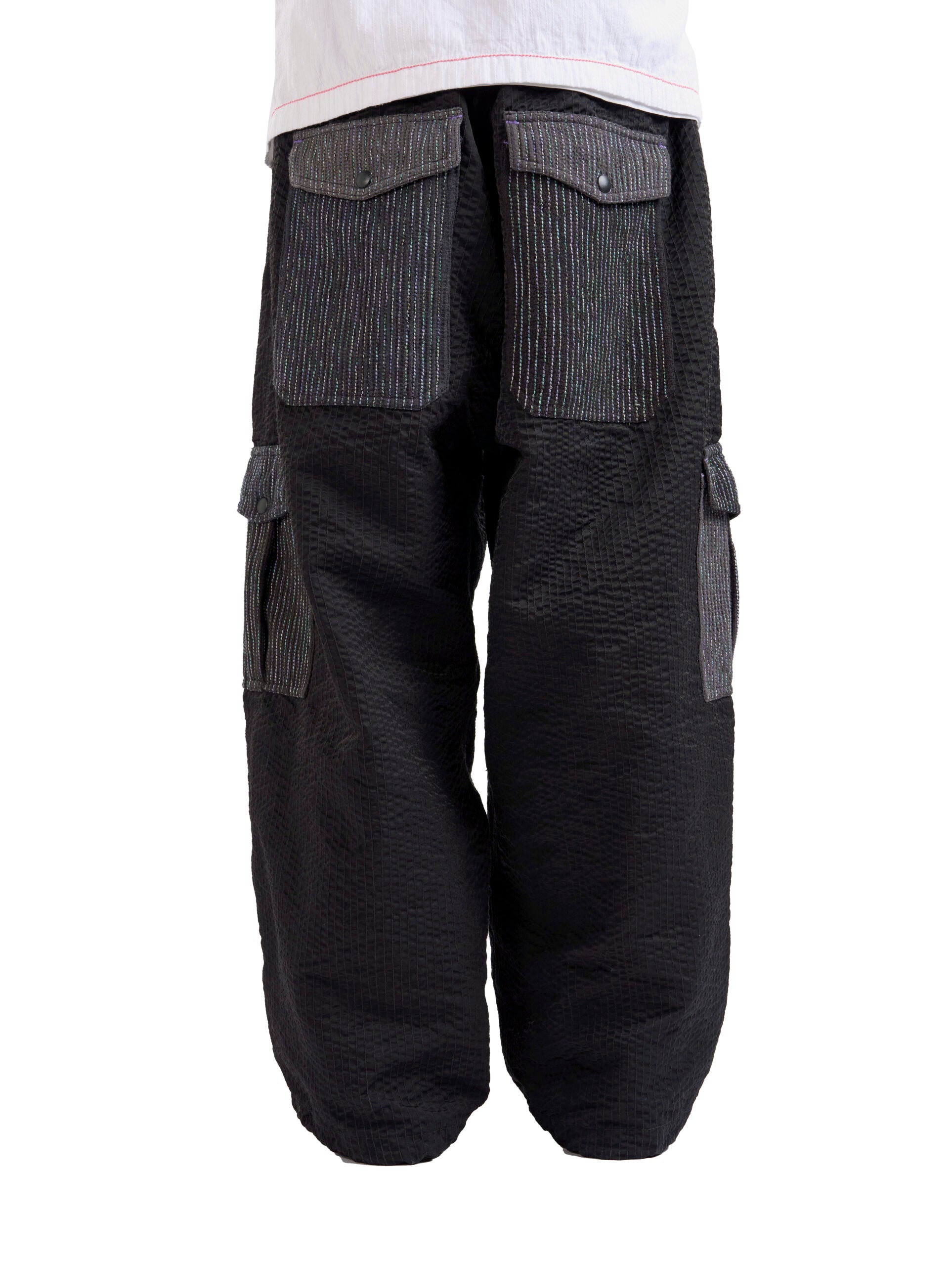 Black cargo pants with multiple pockets on a white background