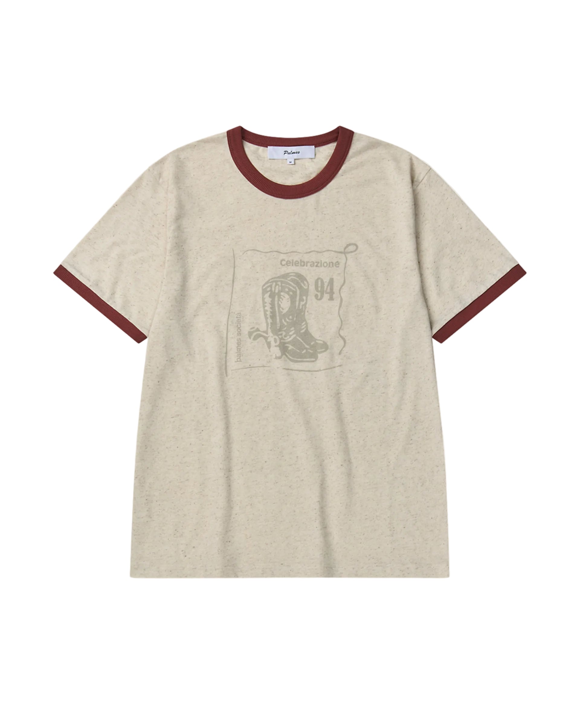 Beige t-shirt with red trim on a white background