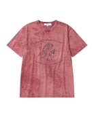 Red t-shirt with graphic design on a white background