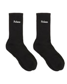 Pair of black socks with 'Palmer' branding on a white background