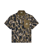 Camouflage-patterned shirt with a logo on a white background
