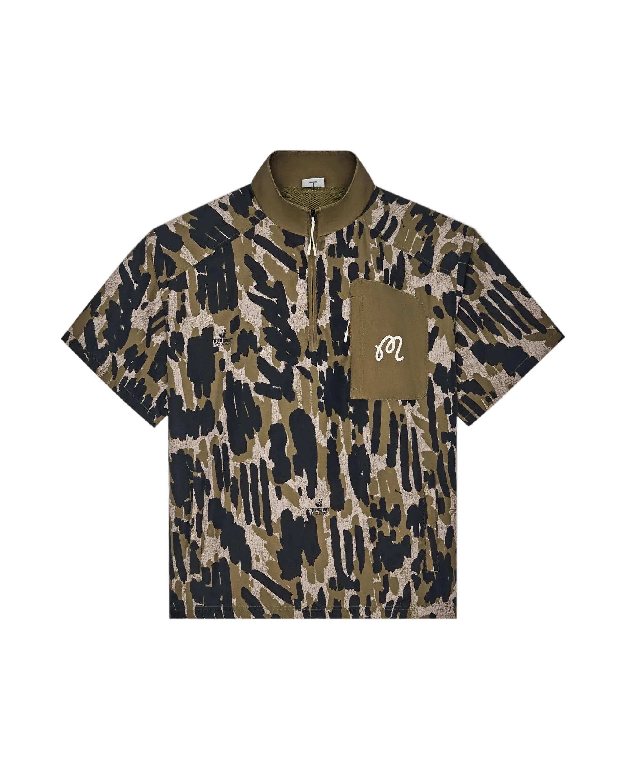 Camouflage-patterned shirt with a logo on a white background