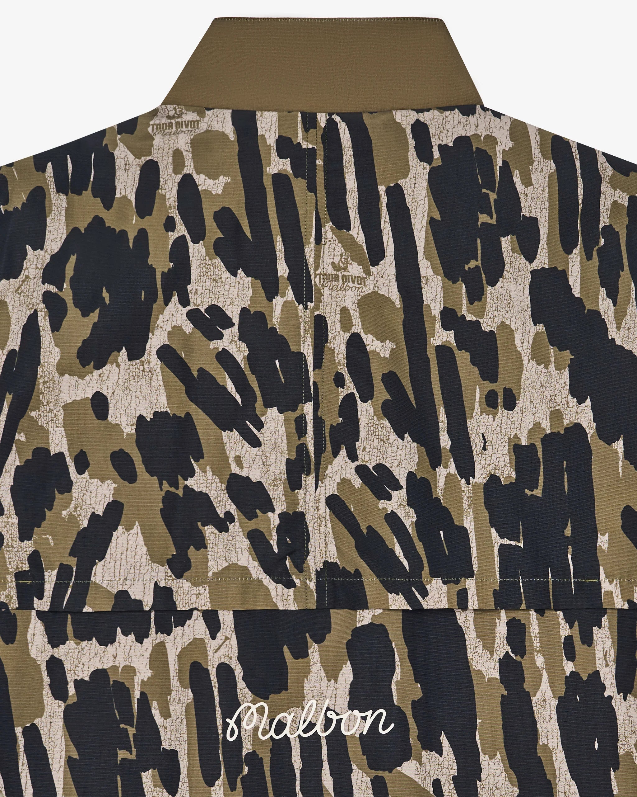 Camouflage-patterned shirt with 'Malbon' branding on a white background