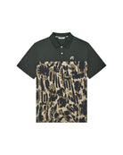 Dark green polo shirt with camouflage pattern on a white background