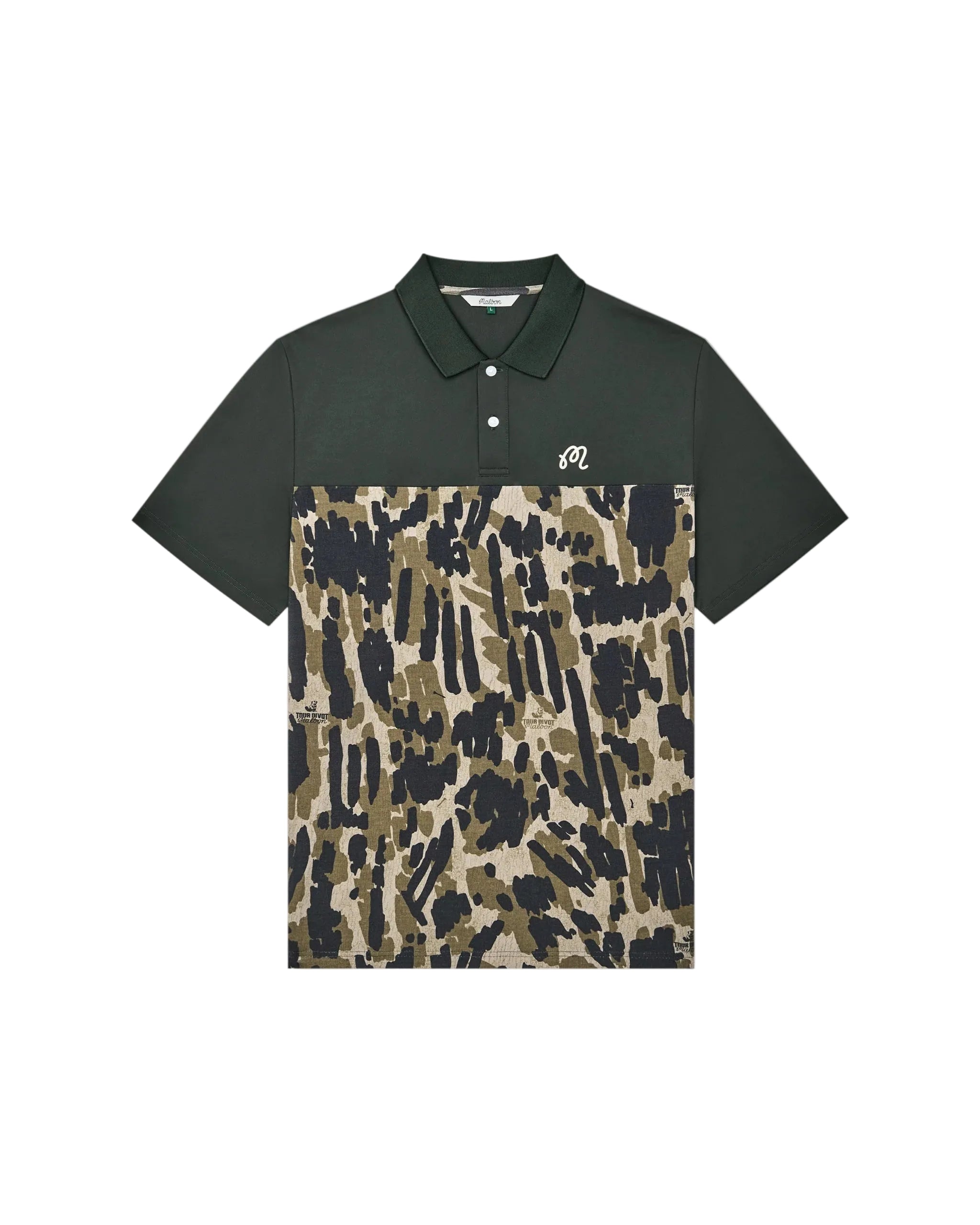 Dark green polo shirt with camouflage pattern on a white background
