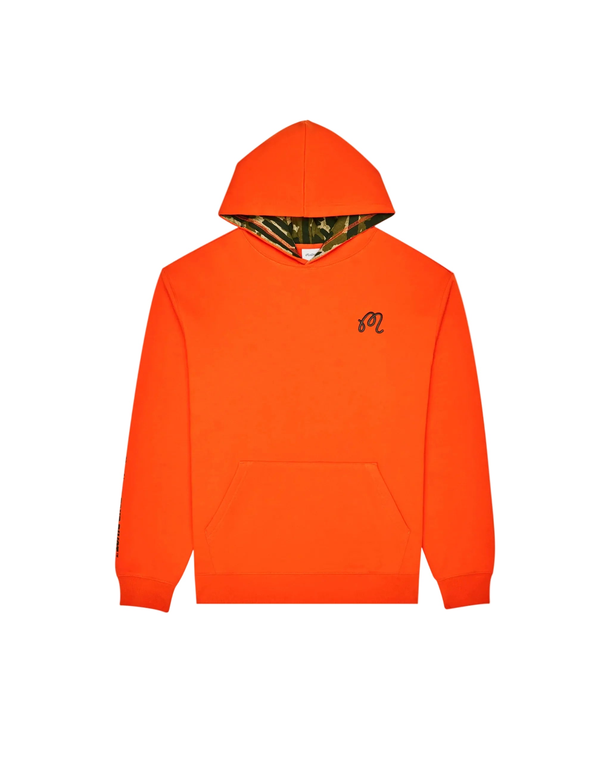 Orange hoodie with a small logo on a white background