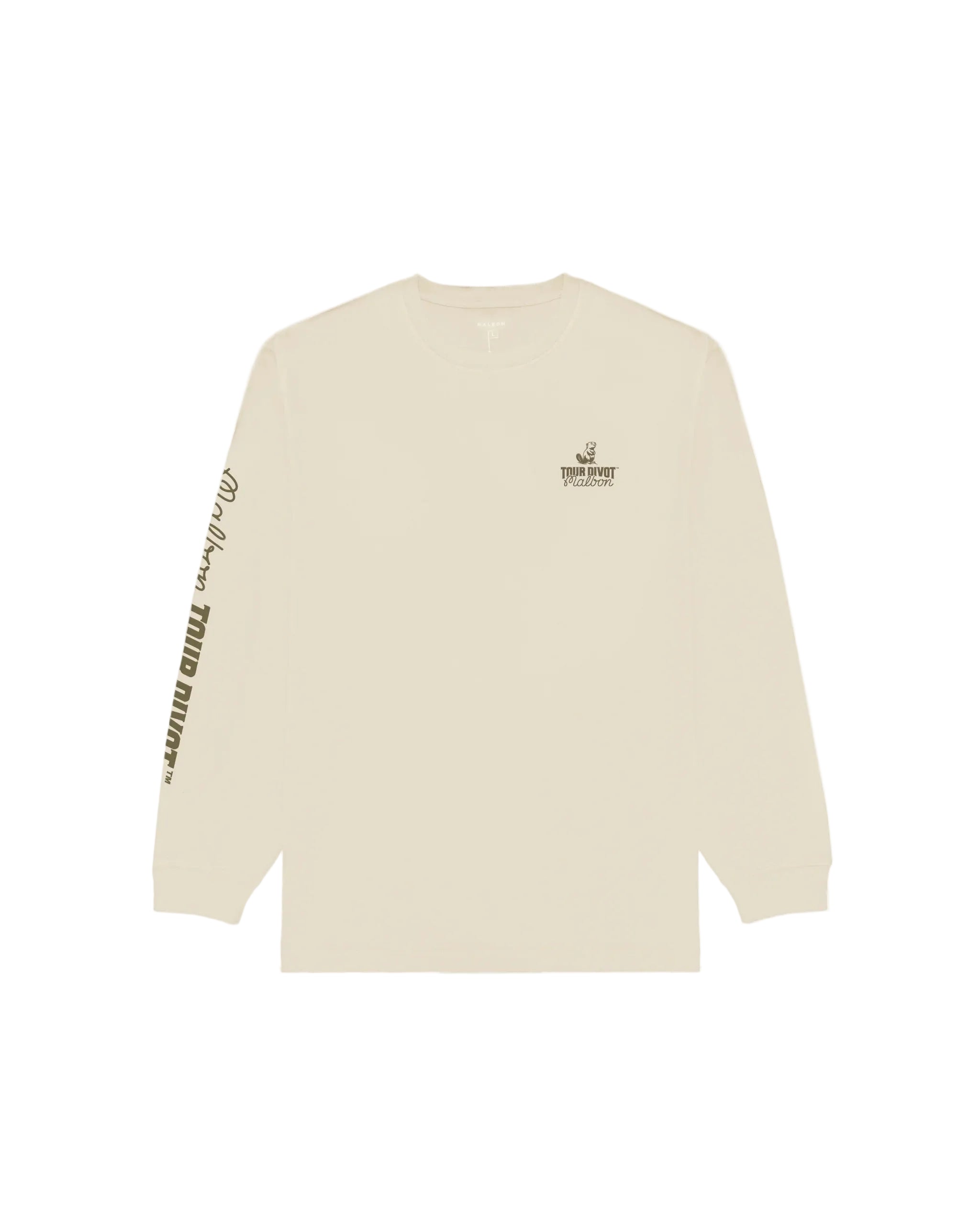 Beige long-sleeve shirt with text on sleeves and chest against a white background