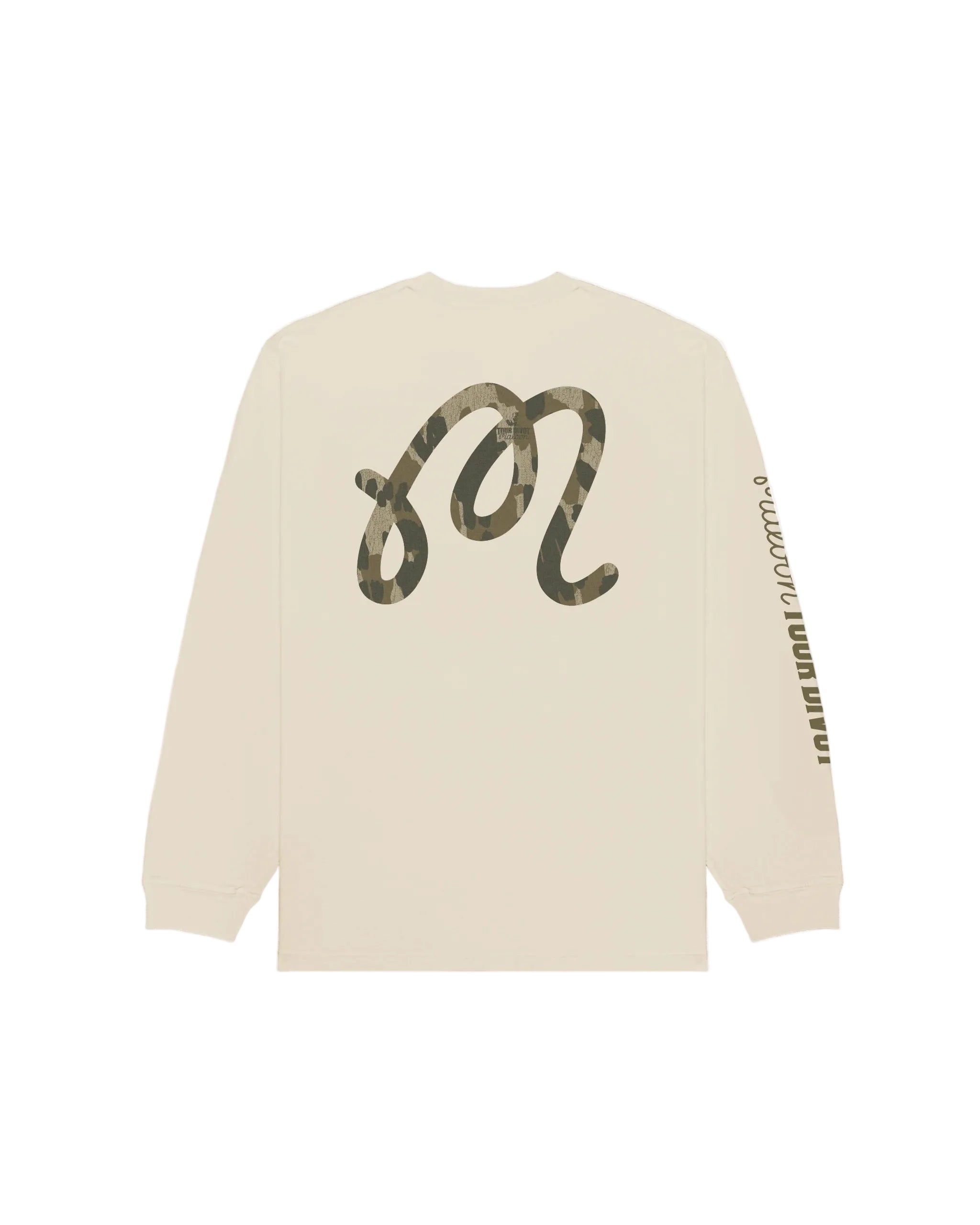 Beige long sleeve t-shirt with camouflage text design on a white background