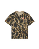 Camouflage-patterned t-shirt with a small logo on a white background