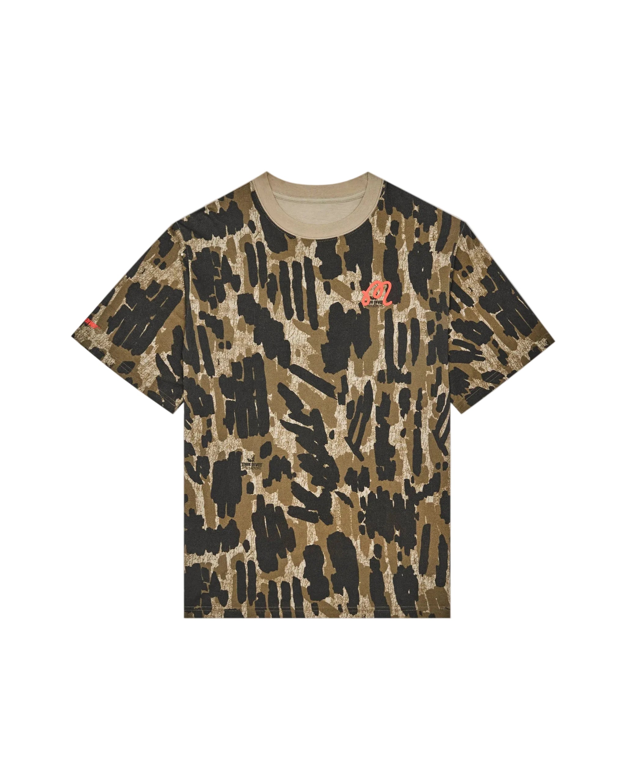 Camouflage-patterned t-shirt with a small logo on a white background