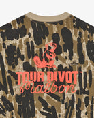 Camouflage-patterned shirt with 'Tour Divot' logo on a white background