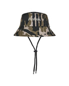 Camouflage bucket hat with brand logo on a white background