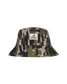 Camouflage bucket hat with a brand label on a white background