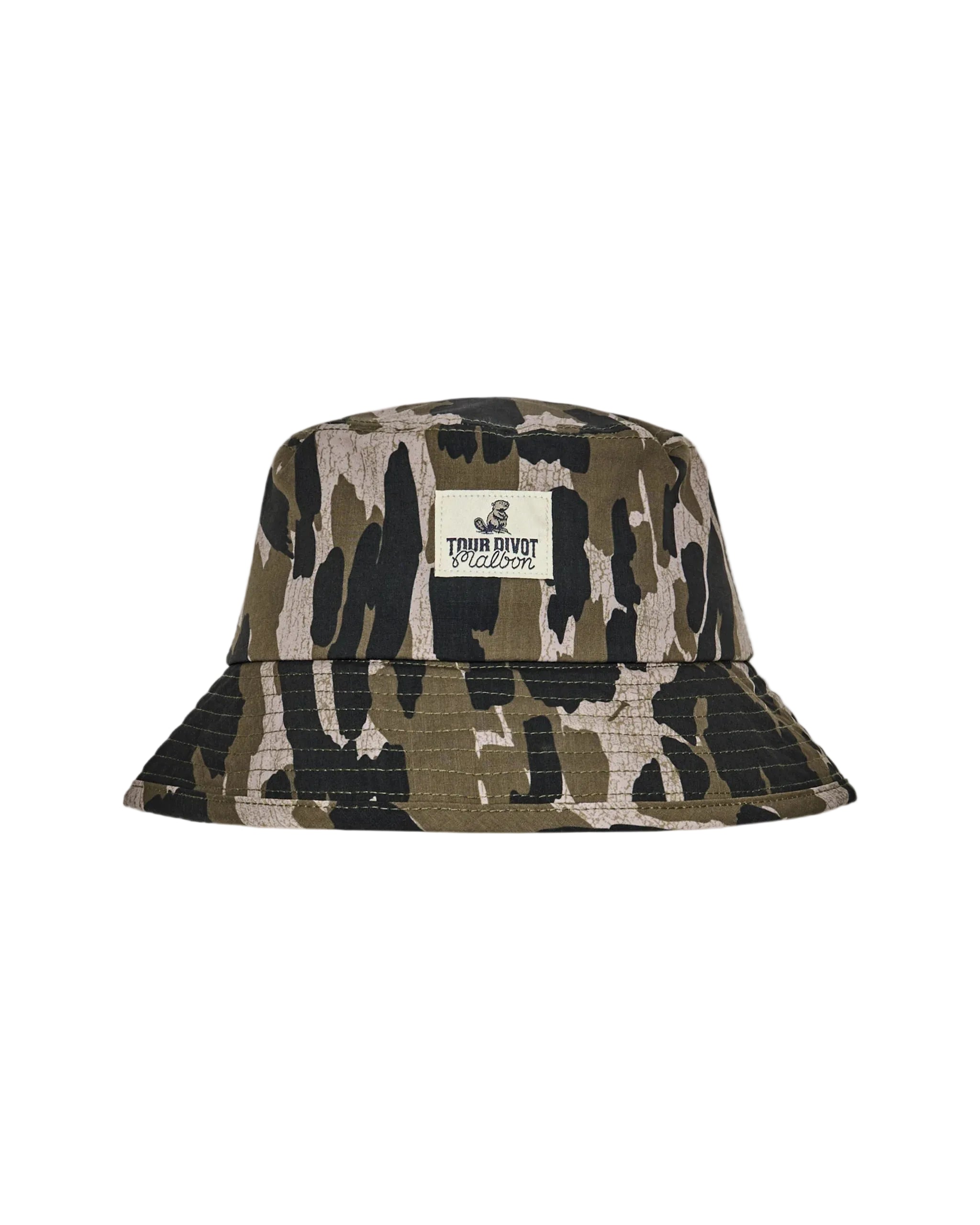 Camouflage bucket hat with a brand label on a white background