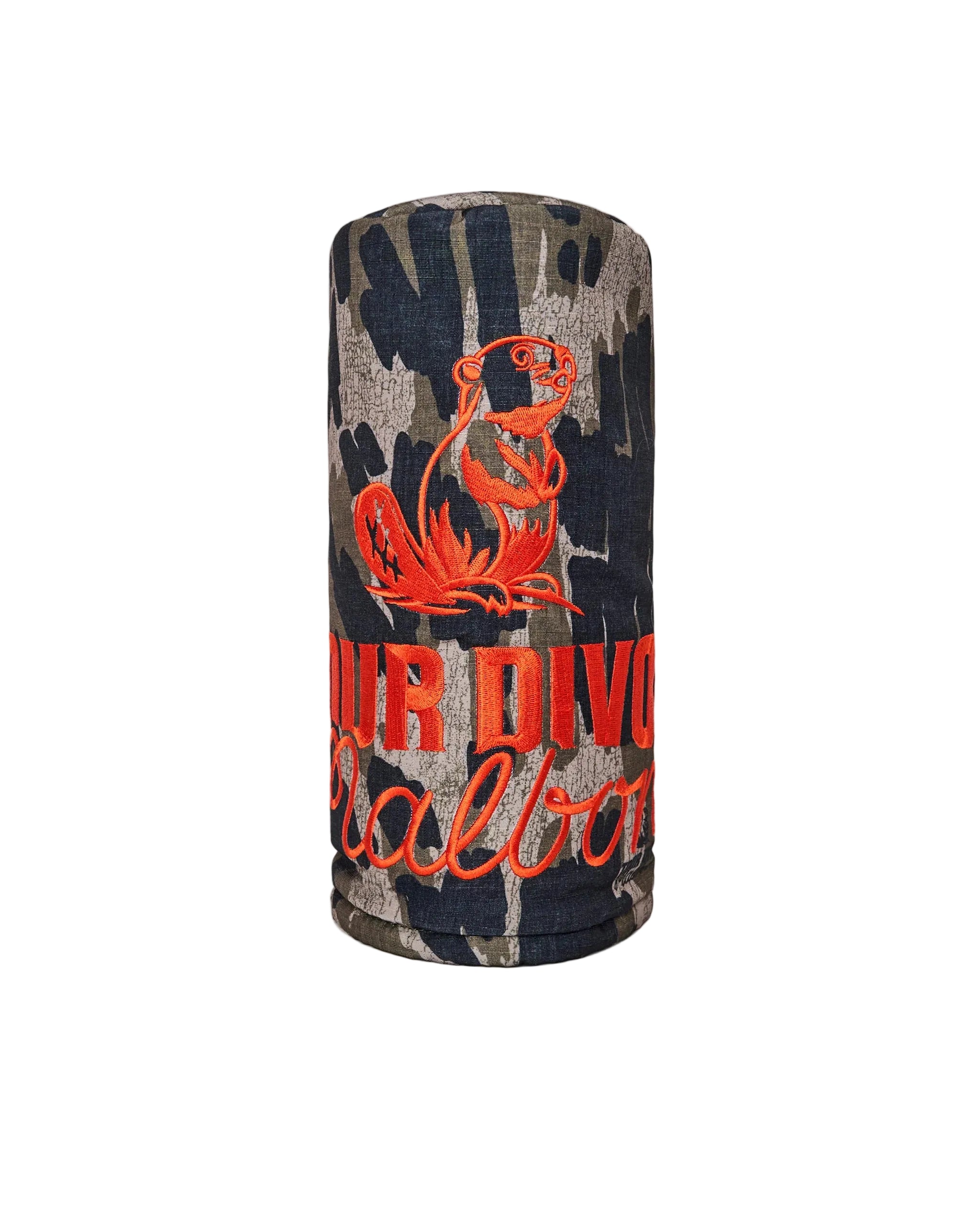 Cylindrical driver cover with camouflage pattern and orange text on a white background