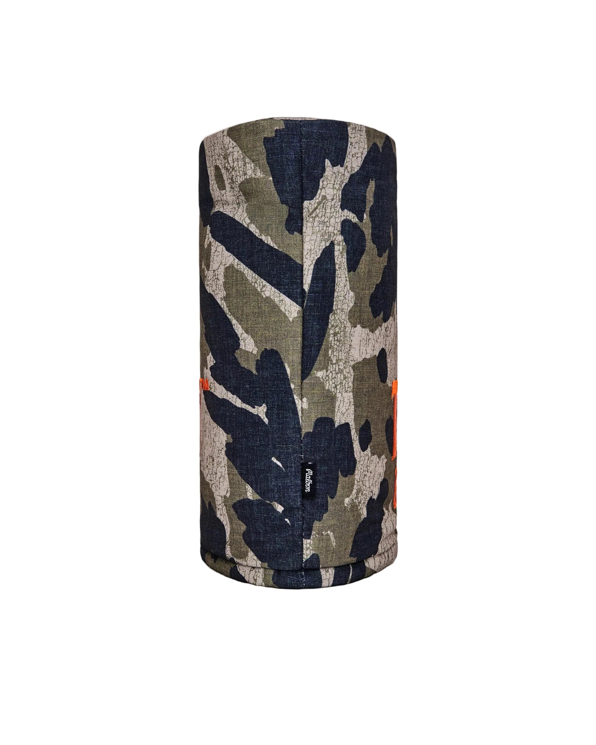 Camouflage-patterned cylindrical driver cover on a white background
