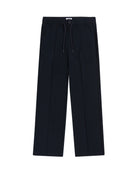 Navy pants with a drawstring on a white background