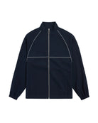 Navy blue jacket with a zipper on a white background