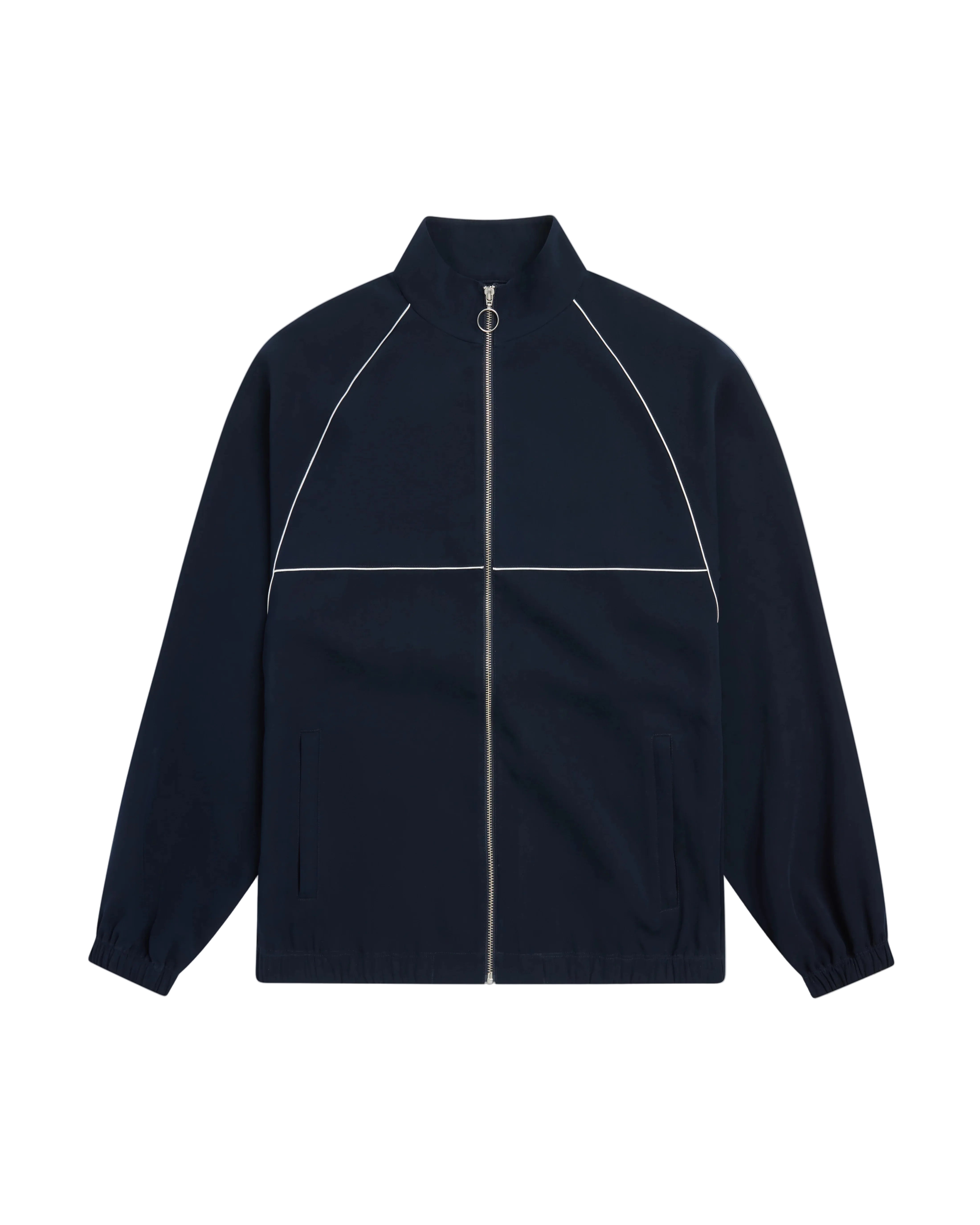 Navy blue jacket with a zipper on a white background