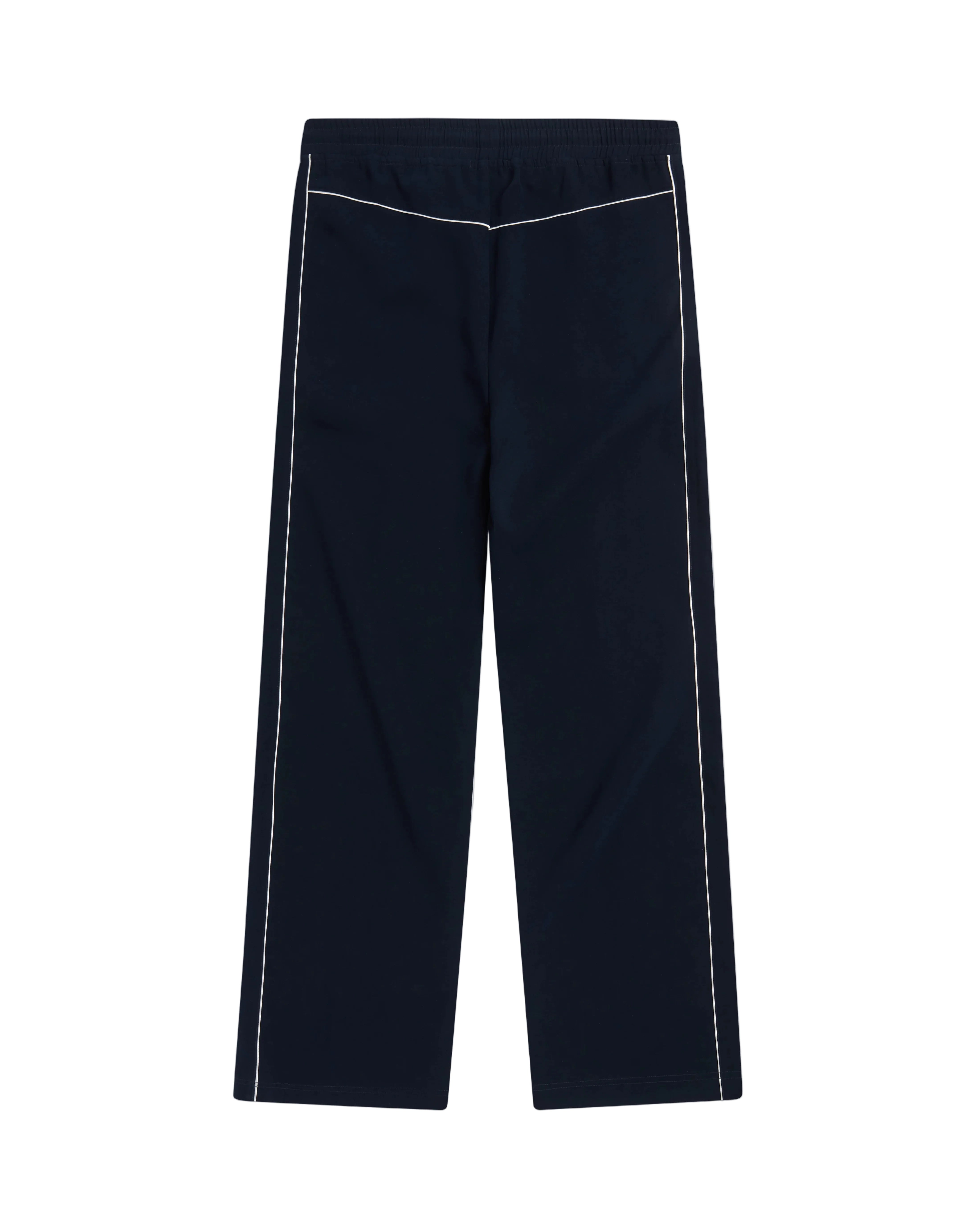 Navy track pants with white piping on a white background