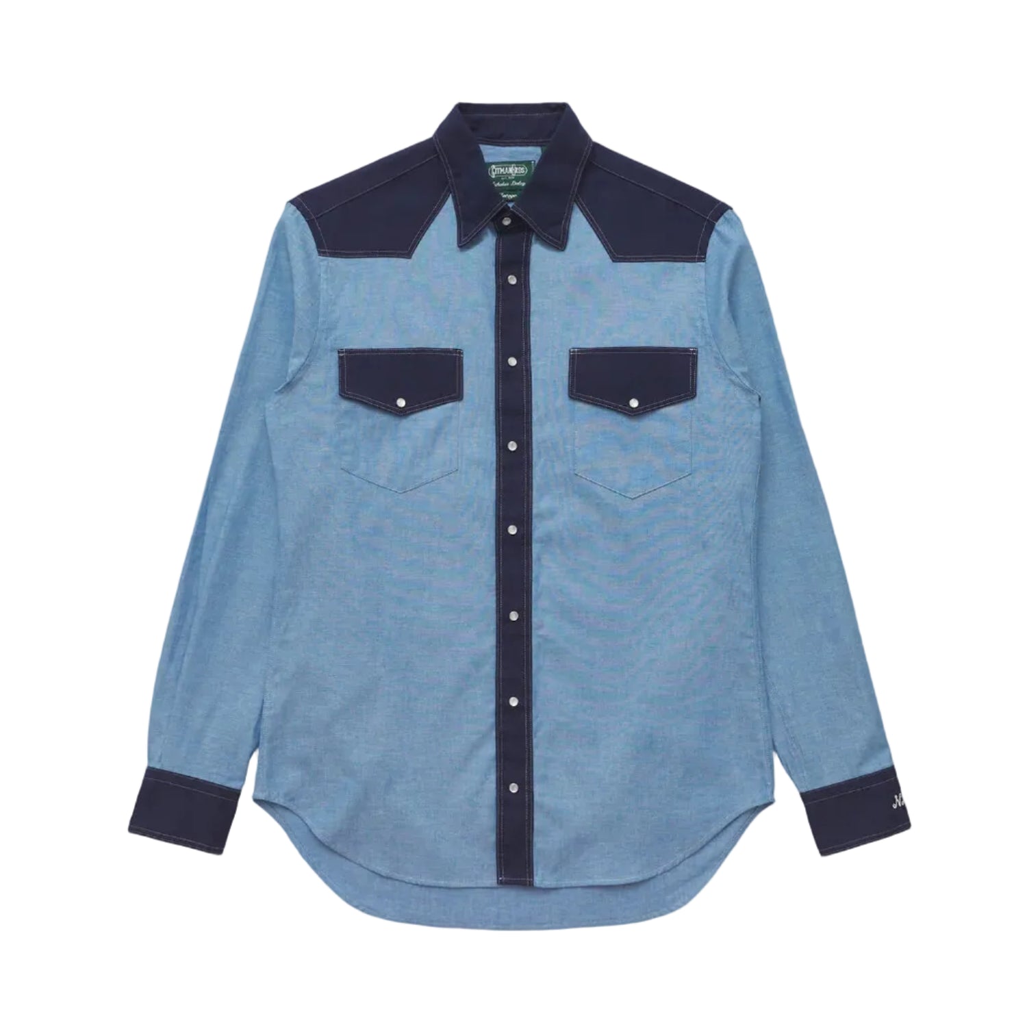 Blue denim shirt with navy accents on a white background