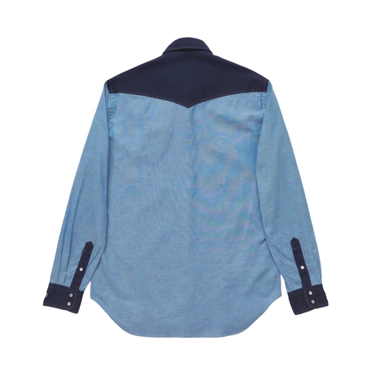 Blue denim shirt with navy accents on a white background