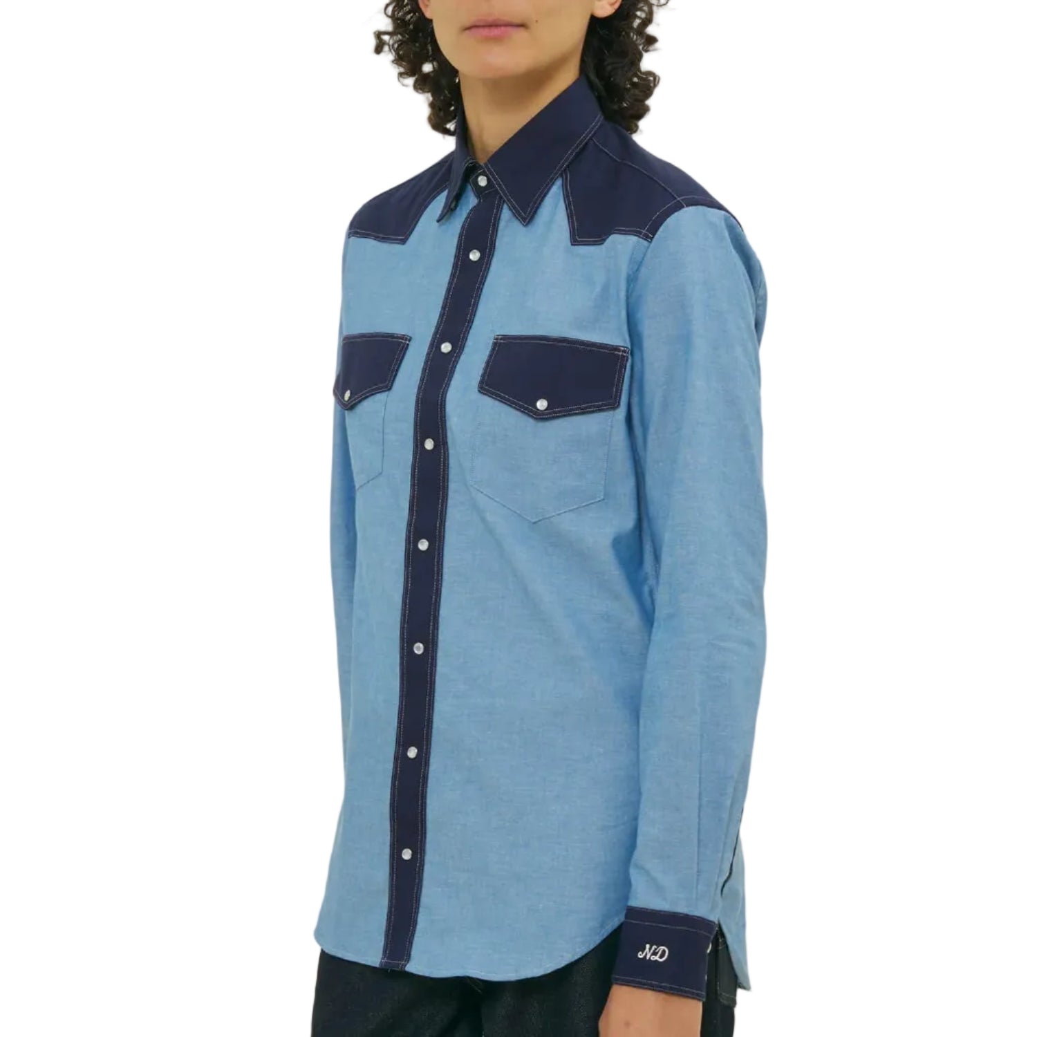 Person wearing a blue and navy shirt on a white background