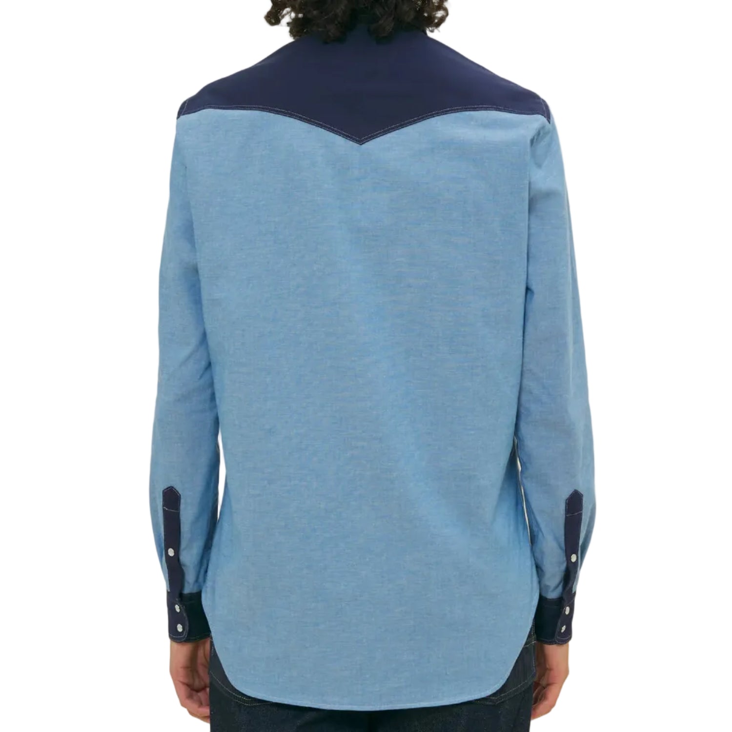 Person wearing a blue shirt with a dark collar and sleeves on a beige background