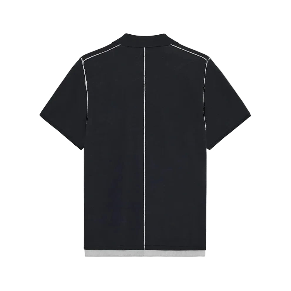Black polo with white stitching on a white background