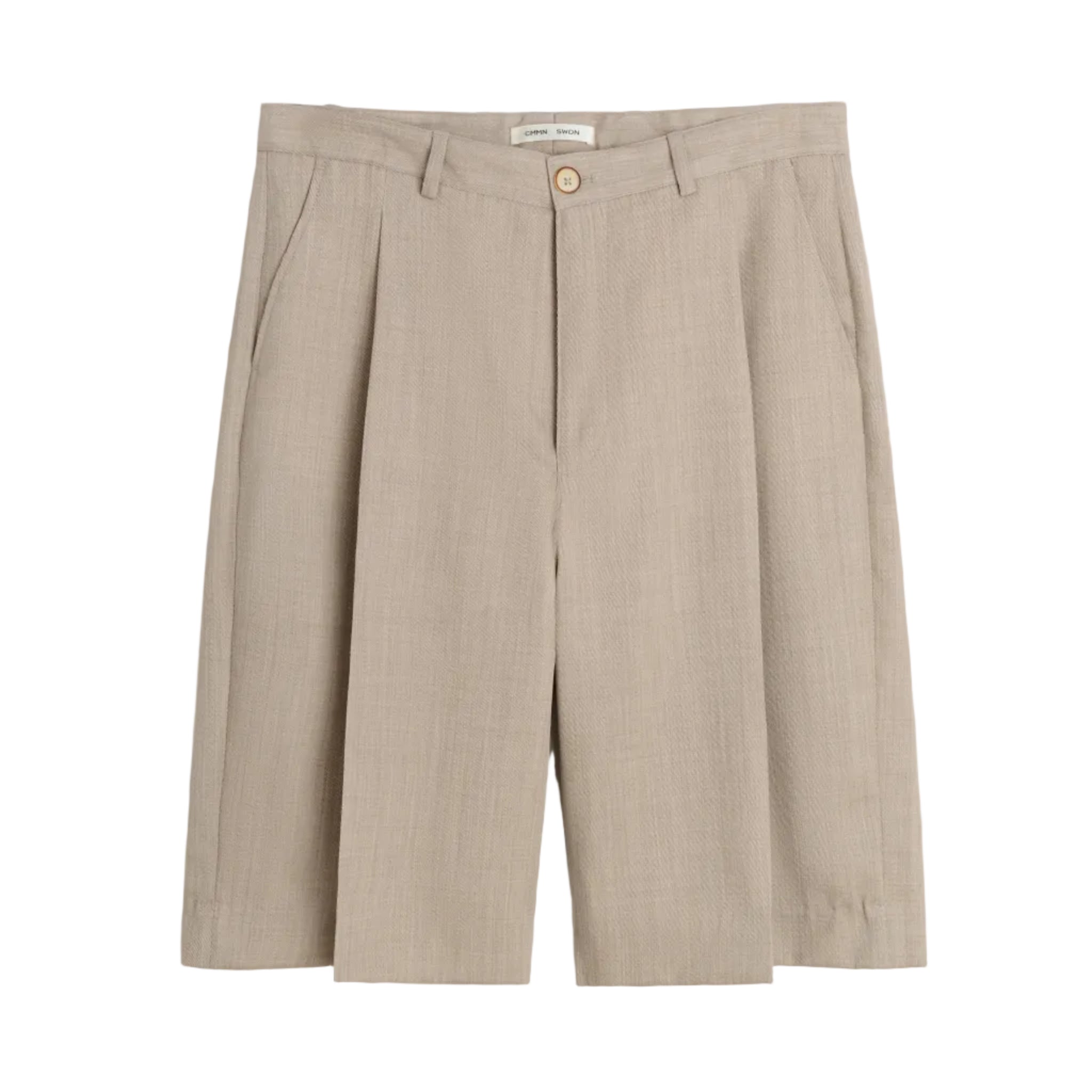 Beige pleated shorts on a white background