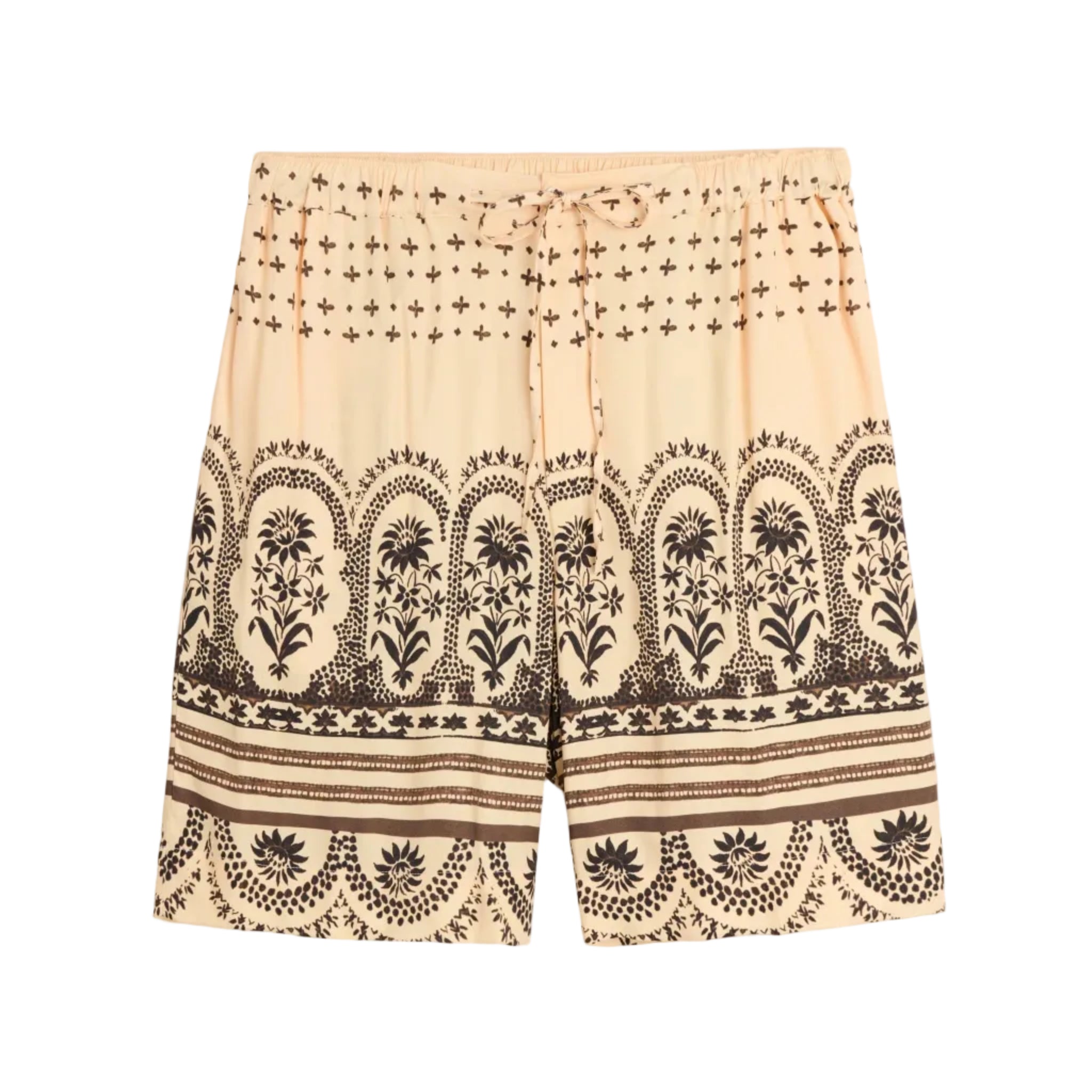 Beige shorts with black floral pattern on a light gray background
