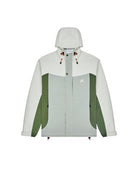 Torrey Pines Rain Jacket in moss green colorblock design, front view with hood
