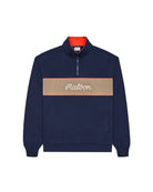 Navy blue sweatshirt with a beige band and red lining on a white background