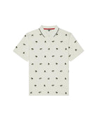 White polo shirt with black pattern on a white background