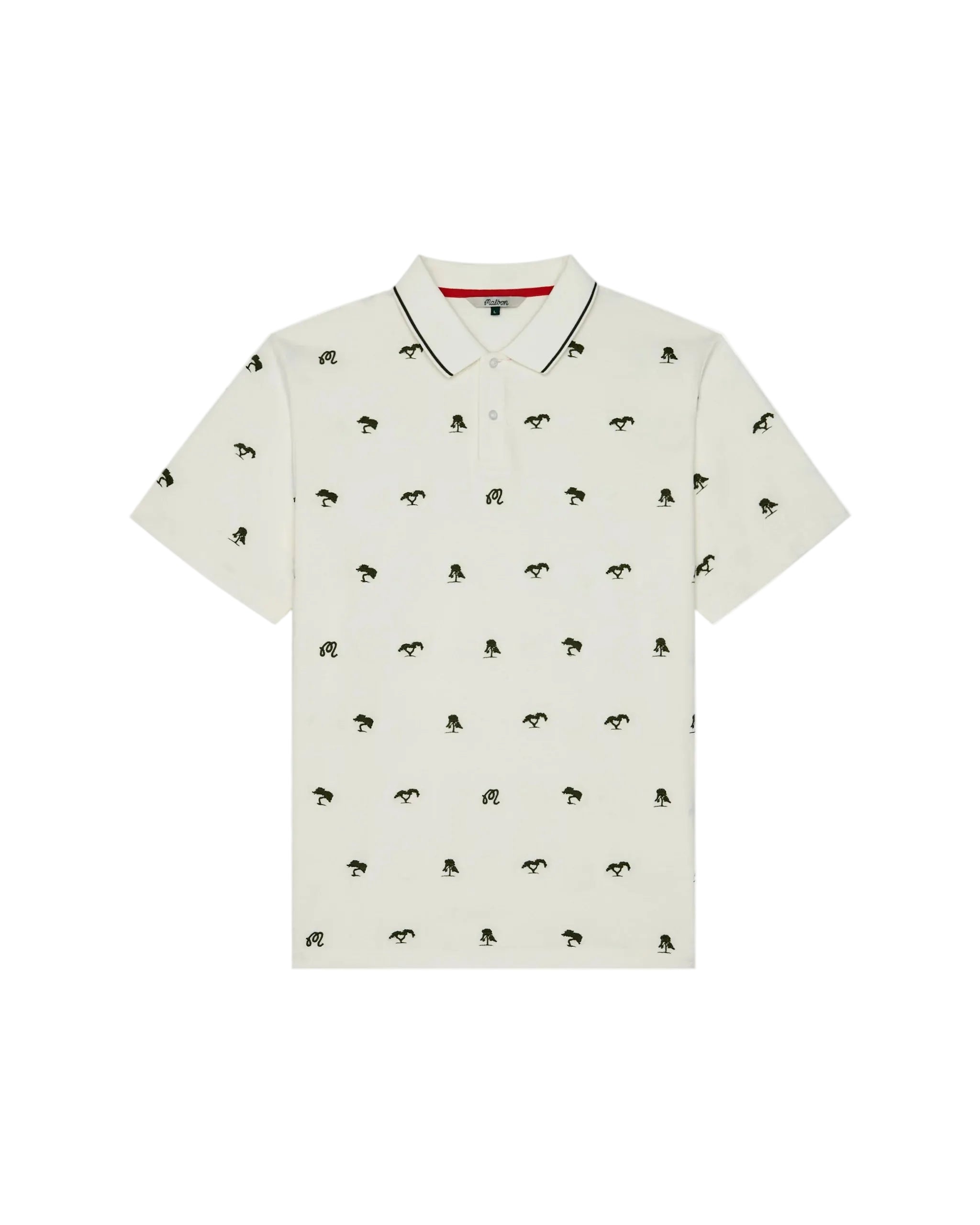 White polo shirt with black pattern on a white background