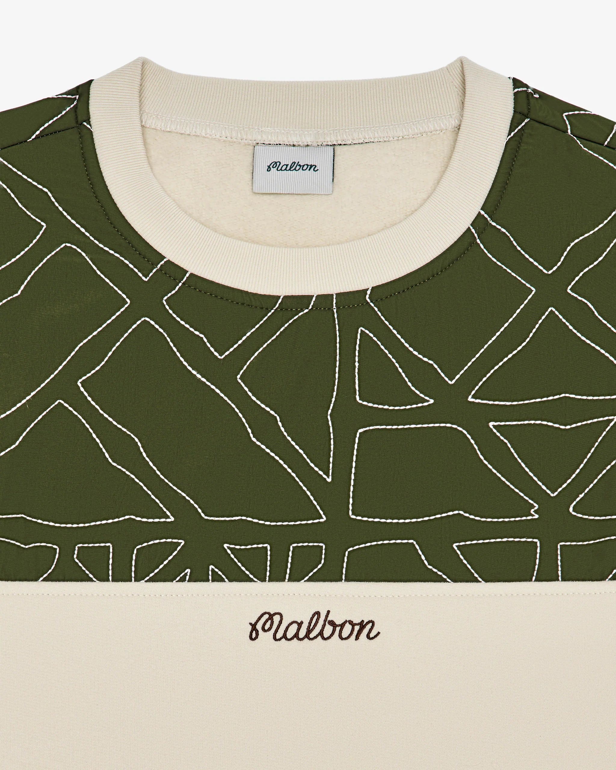 Green patterned shirt with beige collar and Malbon label on a white background
