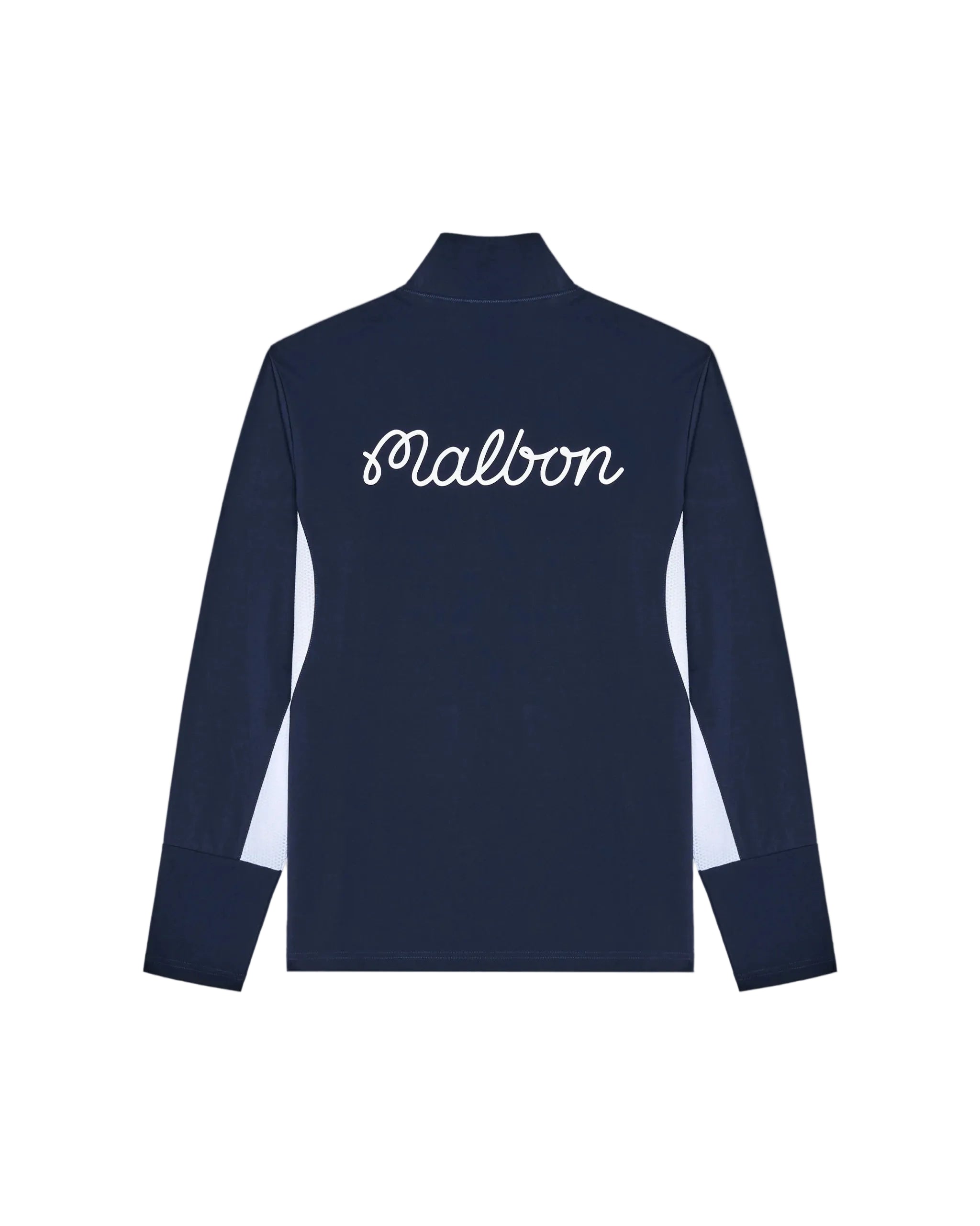 Navy blue long-sleeve jacket with 'Malbon' branding on a white background