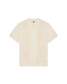 Cream-colored short-sleeve shirt with cable knit pattern on a white background