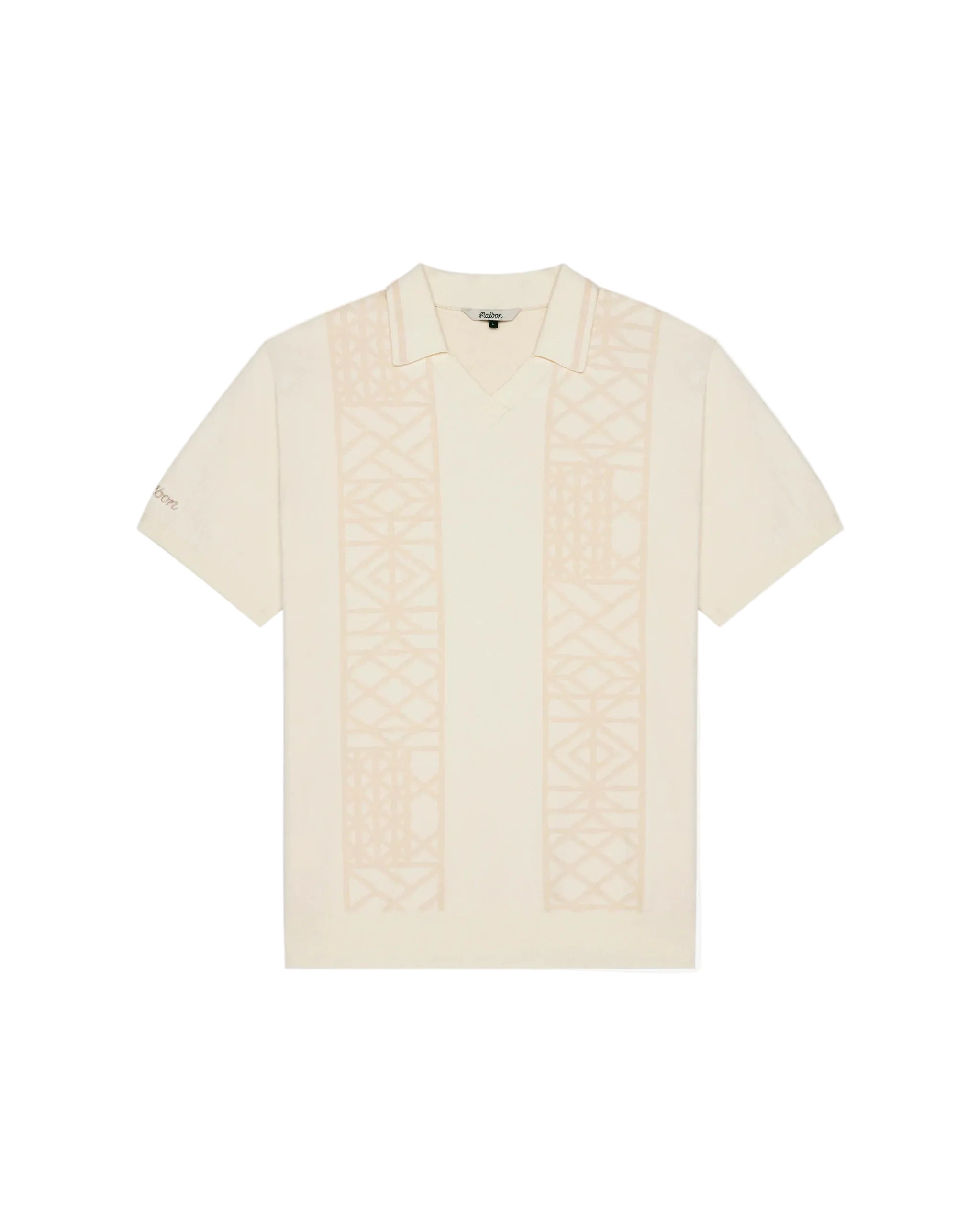 Cream-colored short-sleeve shirt with cable knit pattern on a white background
