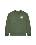 Green sweatshirt with a logo on the chest against a white background