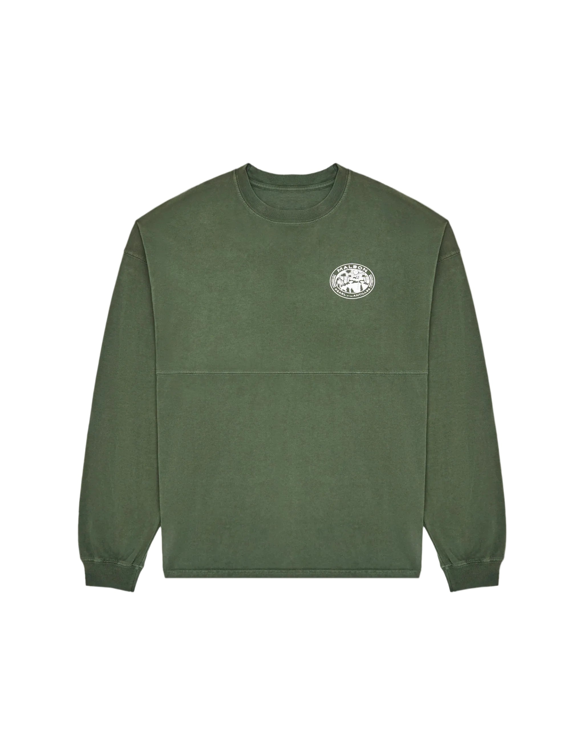 Green sweatshirt with a logo on the chest against a white background