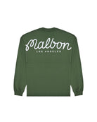 Green sweatshirt with 'Malbon Los Angeles' text on a white background