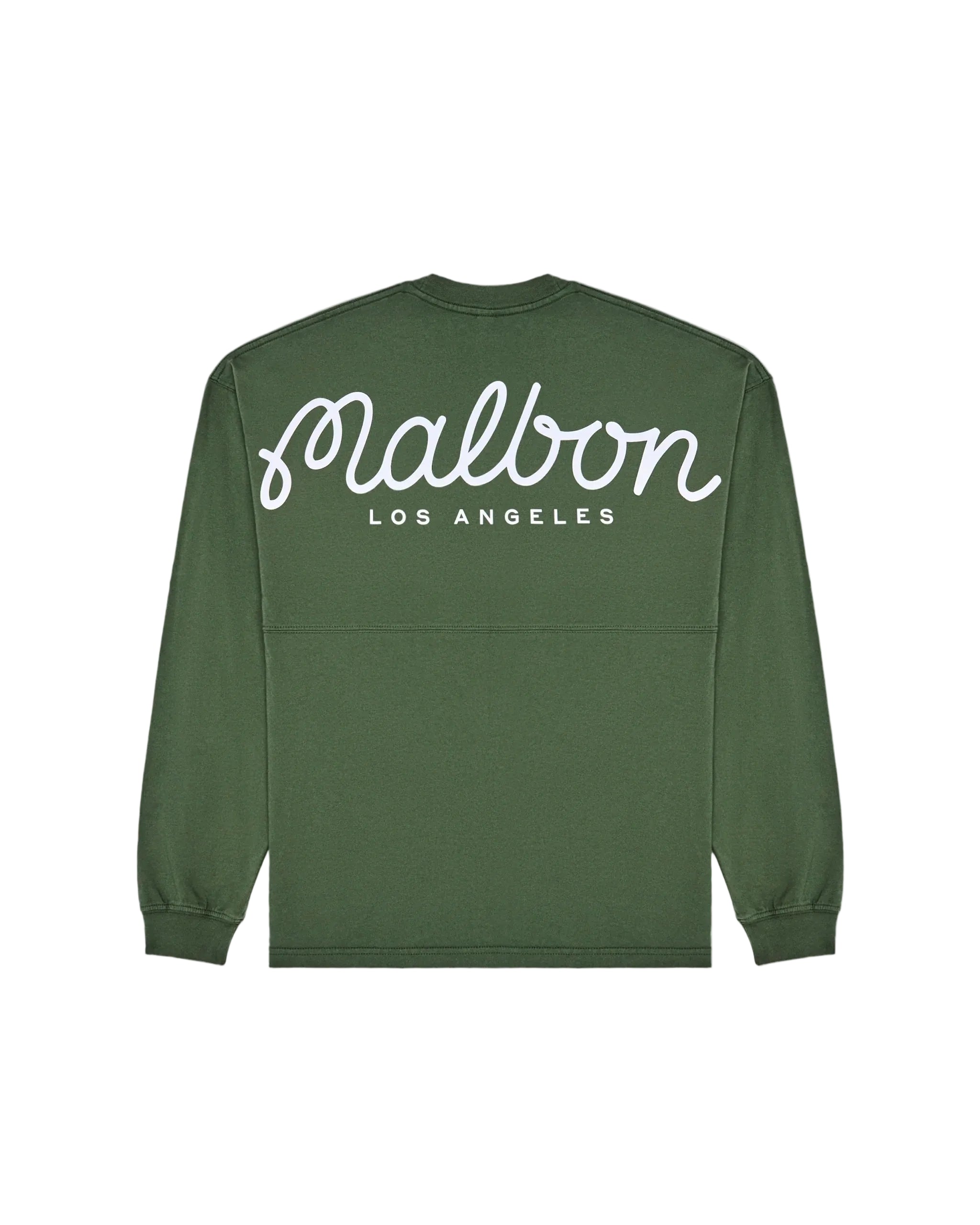 Green sweatshirt with 'Malbon Los Angeles' text on a white background