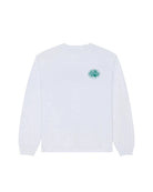 White sweatshirt with a green logo on the chest against a white background