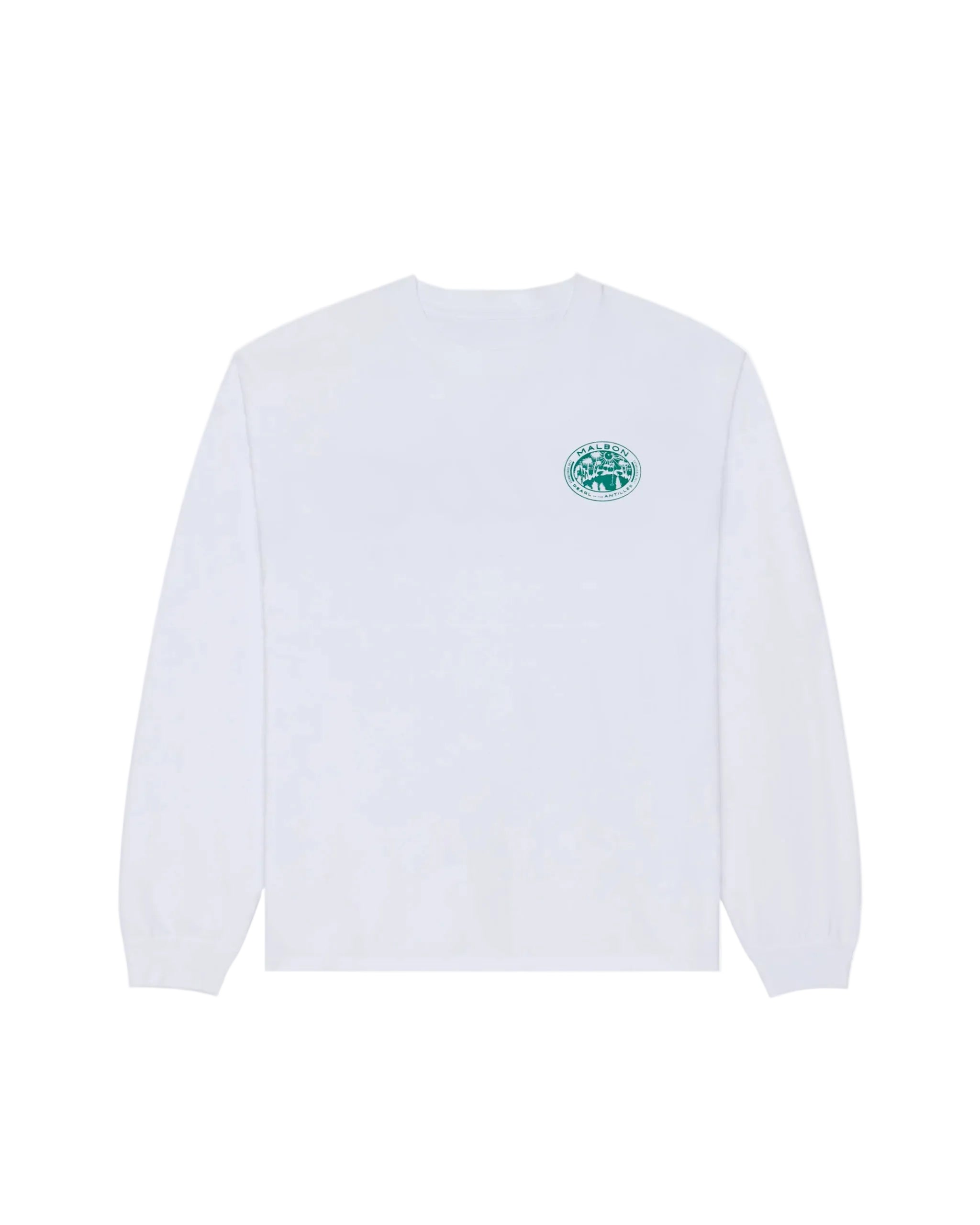 White sweatshirt with a green logo on the chest against a white background