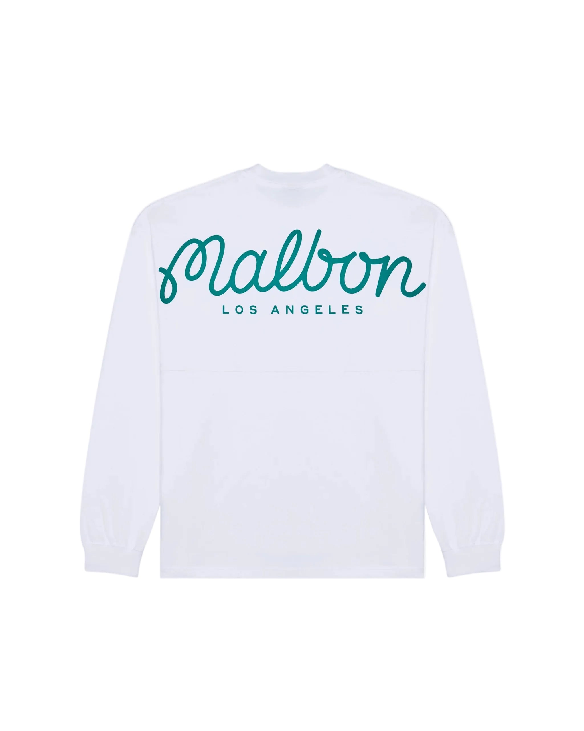 White long sleeve t-shirt with 'Malbon Los Angeles' text on a white background